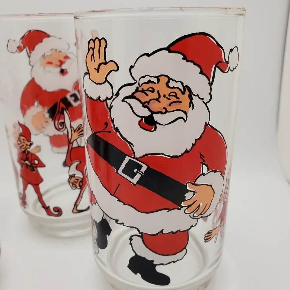 Vintage Christmas Santa Claus and Elves Drinking Glasses Set of 3 Tumblers